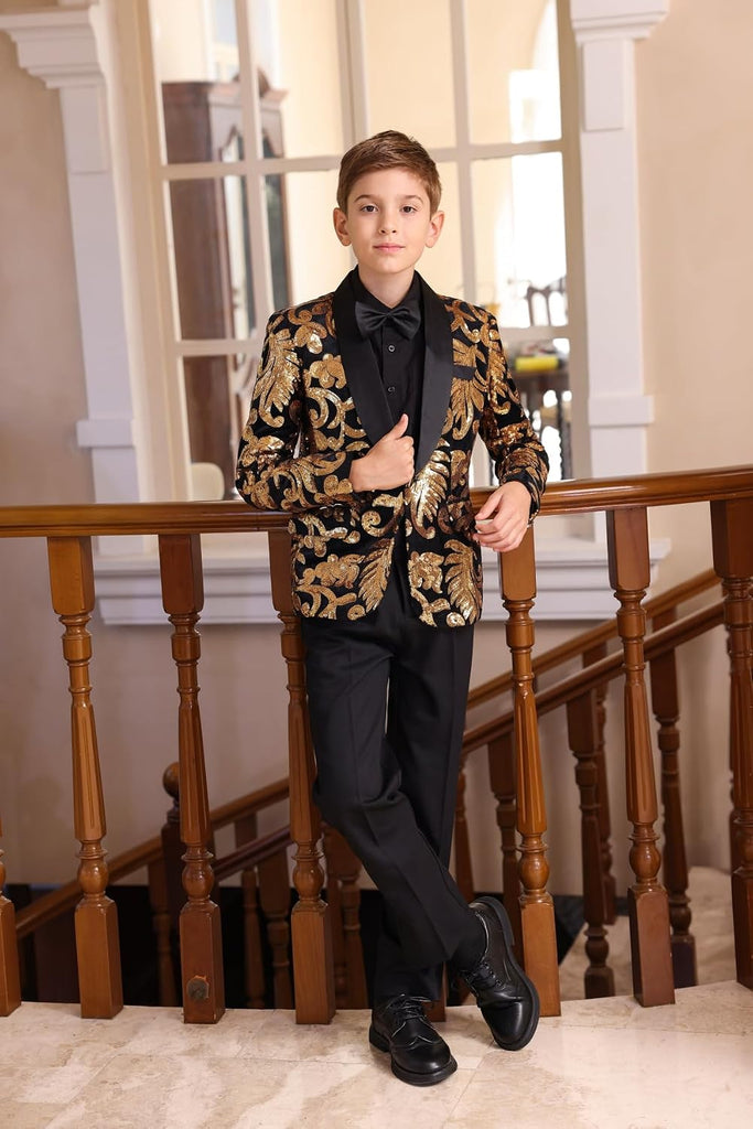 Boys Tuxedo Suit 2 Pieces Shiny Formal Blazer Pants Set
