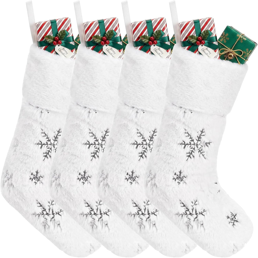 4 Pack Christmas Stockings, 18.5 Inch Large Faux Fur Xmas Stocking, Festive Gift Decor with Silver Sequin Snowflakes
