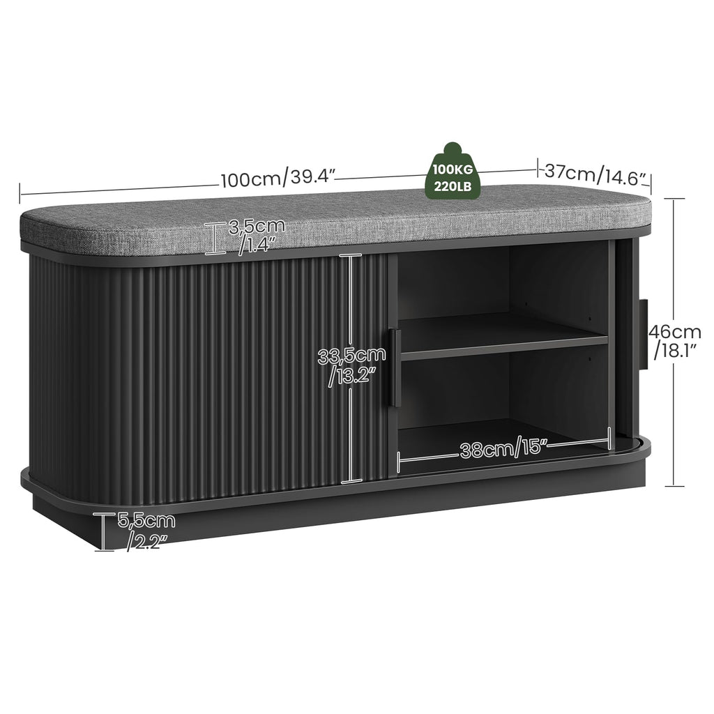 39.4" Fluted Shoe Storage Bench with Cushion and Sliding Door