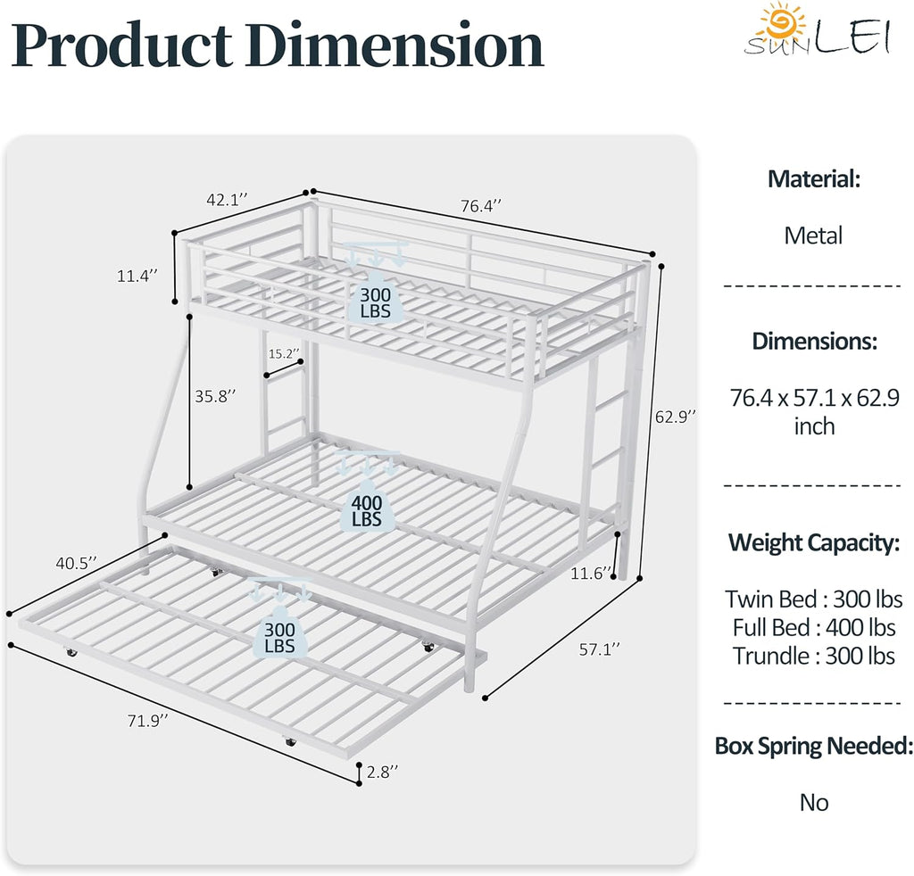 Twin Over Full Bunk Beds with Trundle, Heavy Duty Metal Triple Bunk Bed Frame