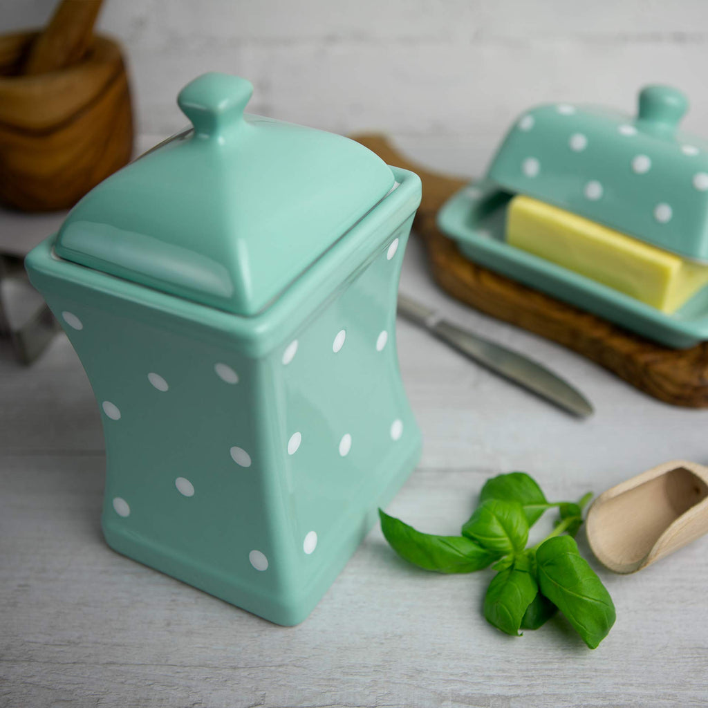 To Cottage Handmade Teal Blue and White Polka Dot Large Ceramic 31.5oz/900ml Kitchen Storage Jar with Lid | Pottery