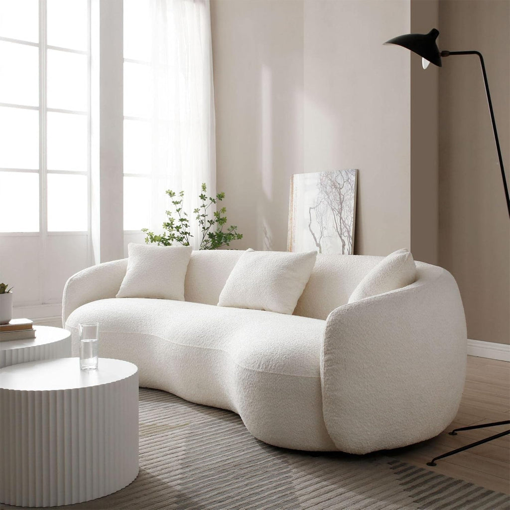 Modern Curved Sofa, 93.6" 4-Seater Boucle Cloud Couch with 3 Pillows, Comfy Upholstered Sofas, Off-White