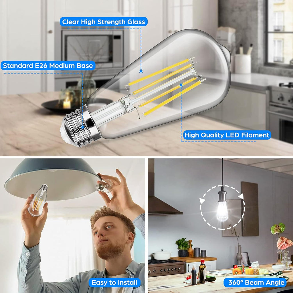 4-Pack Vintage E26 LED Edison Bulbs 100W Equivalent 1400LM High Brightness 8W ST58 LED Filament Light Bulbs 5000K