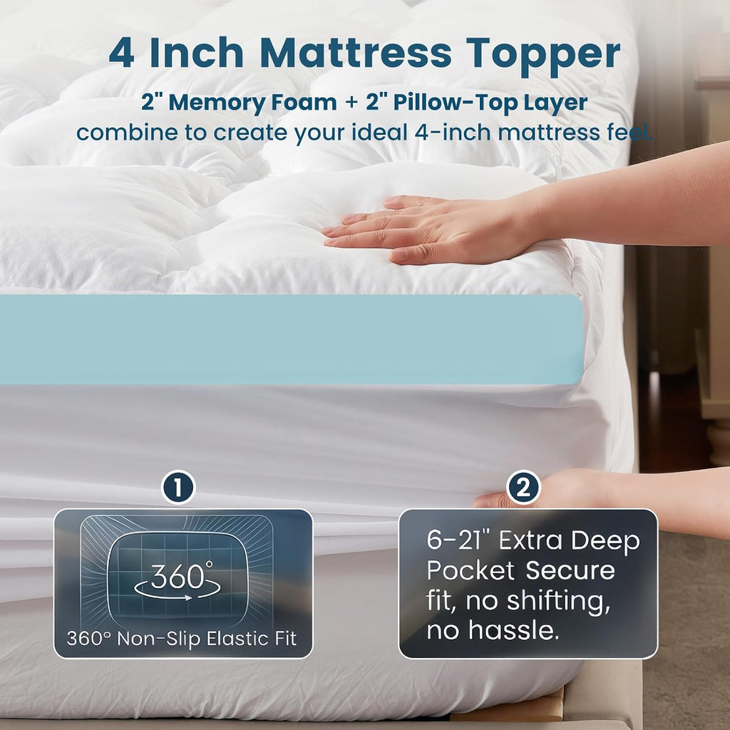 Memory Foam 4 Inch Mattress Topper Full for Back Pain Relief | 2 Inch Supportive Memory Foam & 2 Inch Pillow Top
