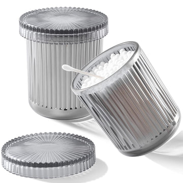 2 Pack Qtip Holder Glass Apothecary Jars with Lids, Ribbed Gray