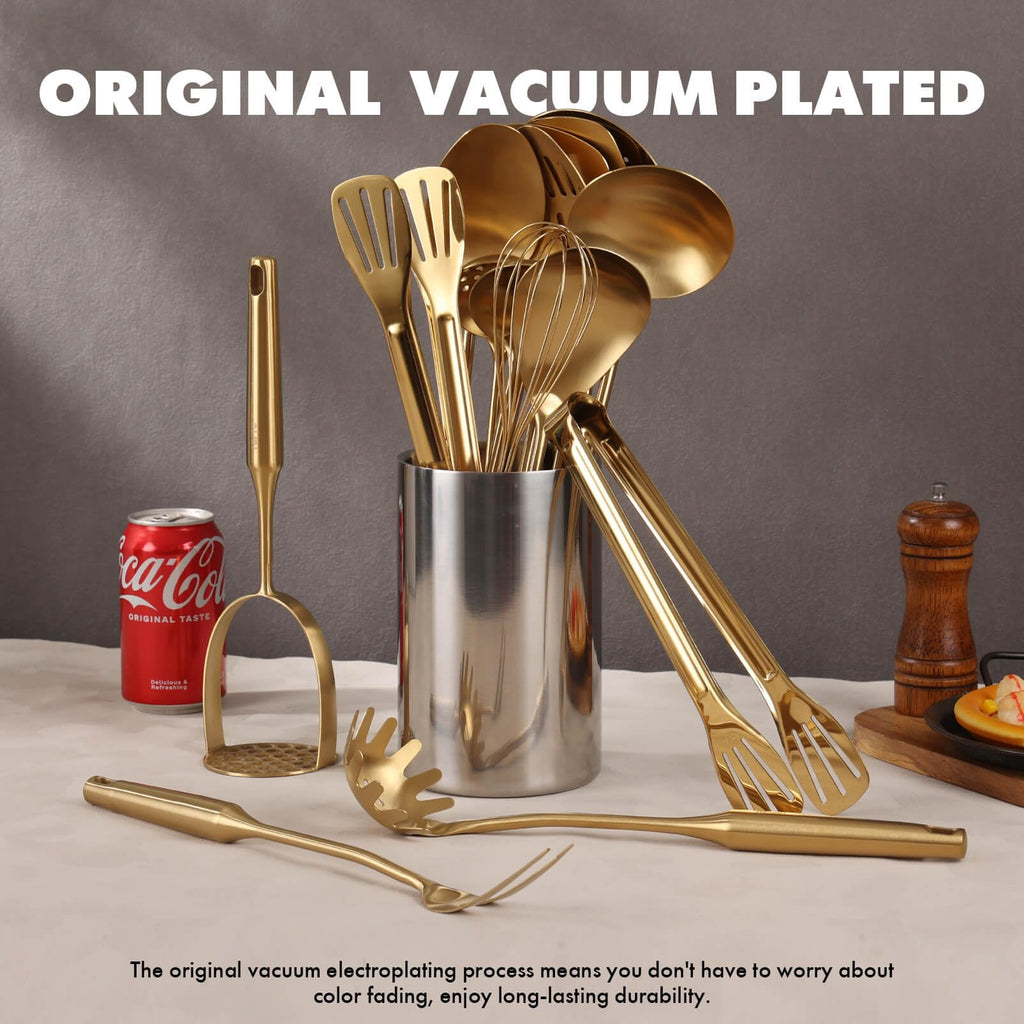 Gold Cooking Utensils Set - 16 PCS All Metal Small and Large Spoons Set