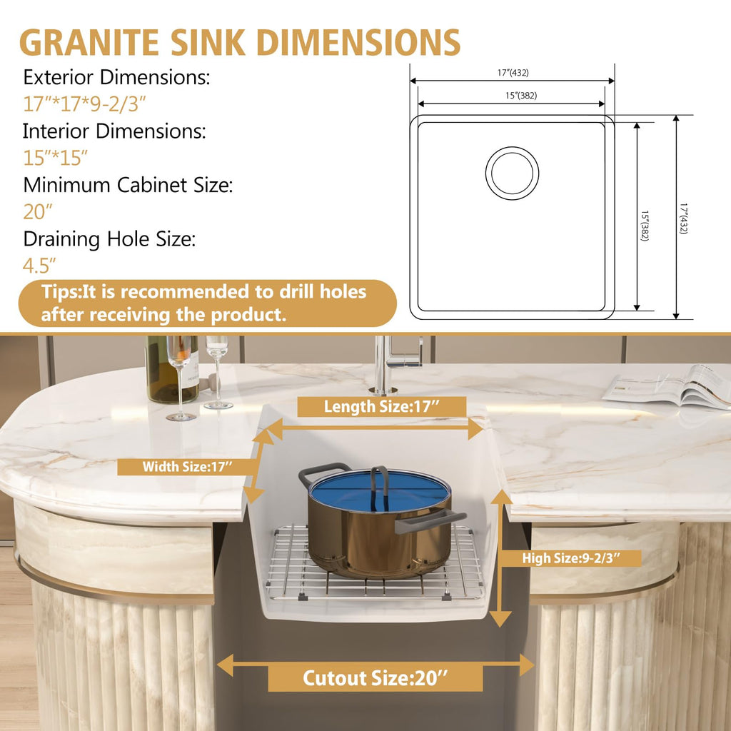 17 Inch Undermount Bar Sink 17"x17" White Granite Composite Sink