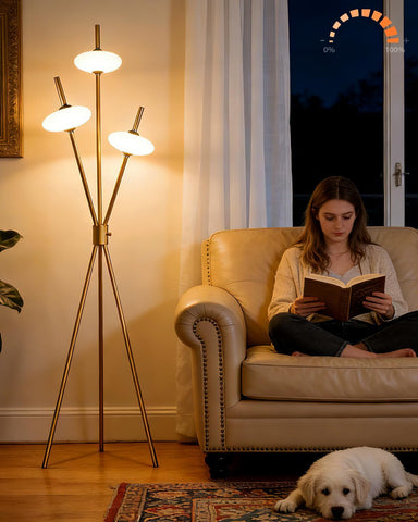 Tripod Floor Lamp Stepless Dimmable Gold Standing Tall Lamps with 3PCS Elliptical Lampshades Mid Cen