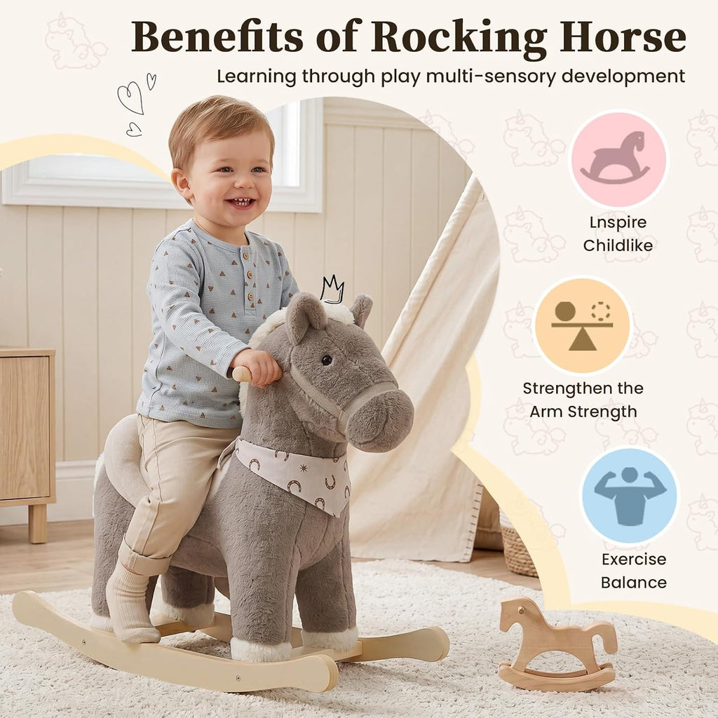 Rocking Horses Ages 1-3 Wooden Toddler Rocking Horse Plush Ride on Horse Toy with Realistic Sound Brown Horse Rocker