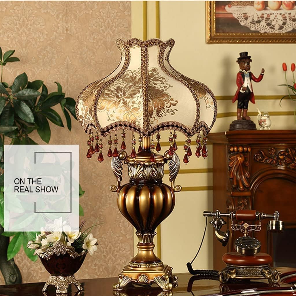 Victorian Crystal Table Lamp, 20.1-inch Resin Base, Gold Antique Design with Crystal Pendants, Silk Shade