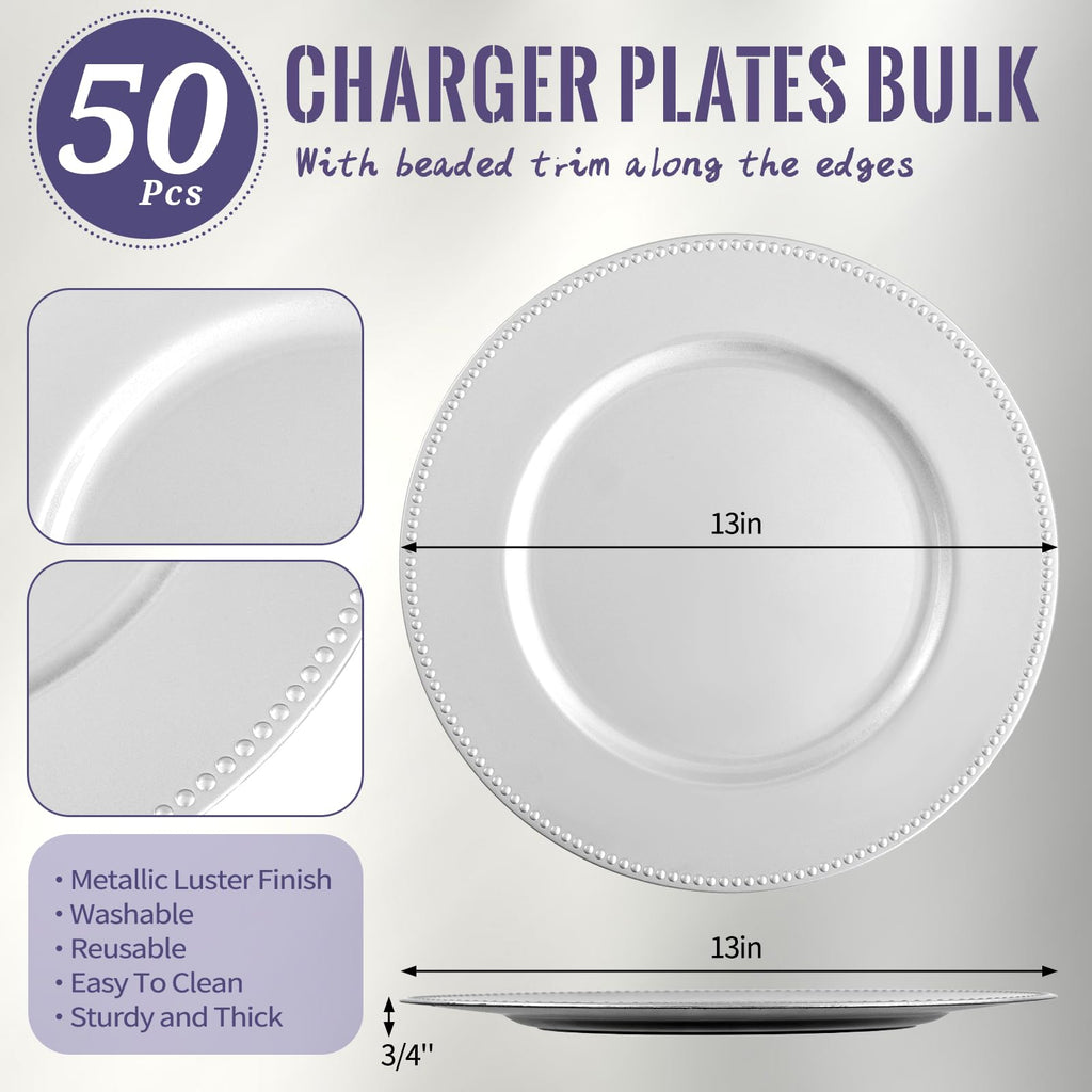 50 Pcs Silver Charger Plates 13" Round Charger Plates Bulk Beaded Charger for Dinner Plate Decorative Silver Plastic