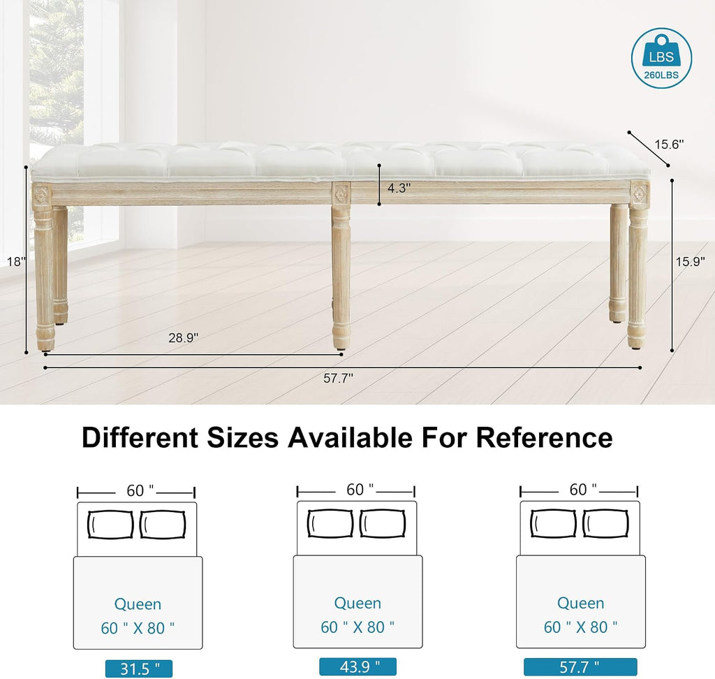 58'' Linen End of Bed Bench King Size, White | Vintage, Upholstered, Button-Tufted, Carved Wood Legs