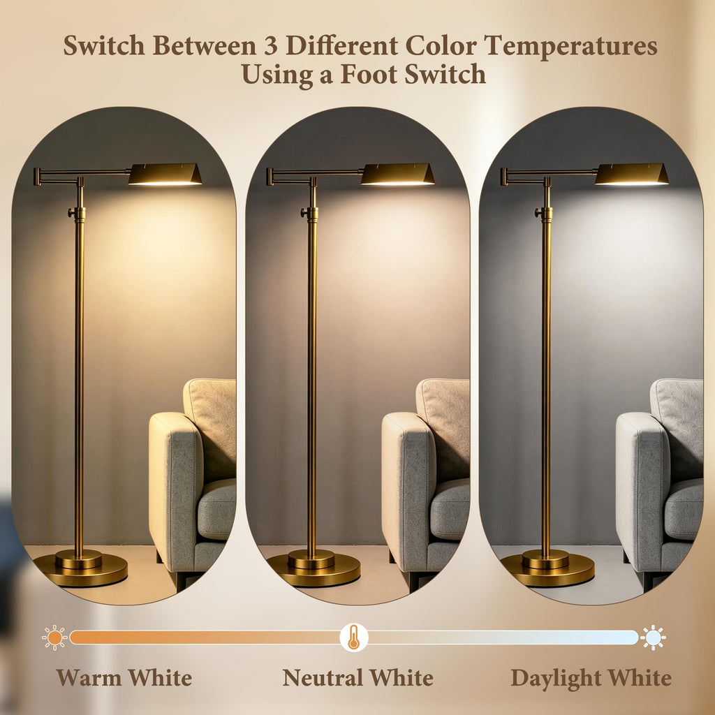 LED Floor Lamp, 12W LED Adjustable Height Pharmacy Floor Lamp 350° Swing Arms & Head, 3-Color Temperature