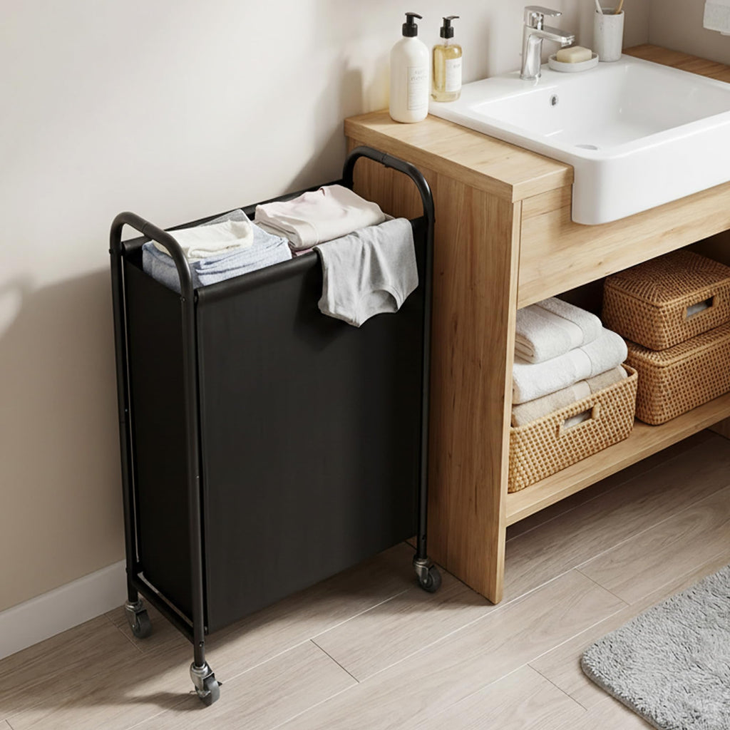 Laundry Hamper, Slim Basket with Wheels and Handles, Black, 80L