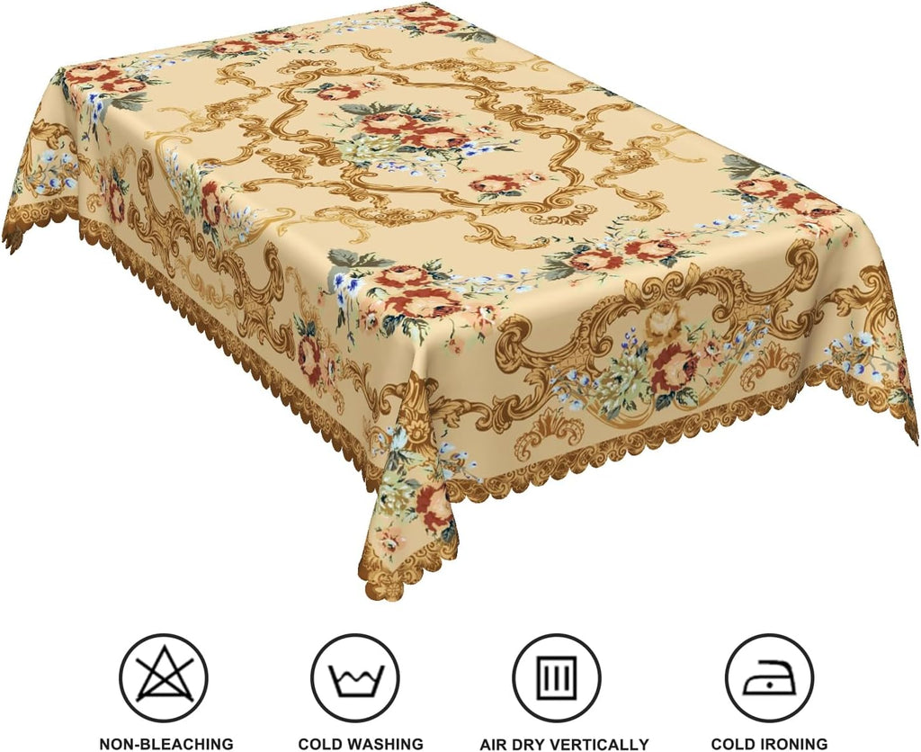 70x108inches Luxury Rectangle Tablecloth Elegant Golden Damask Pink Blue Floral Printed Fabric Table