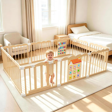 Wooden Baby Playpen with Built-in Activity Panel, 98x65x24In | Large Adjustable Natural Pine Wood Play Pen with