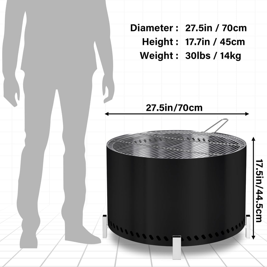 28" Smokeless Firepit with Stand & Grill Rack, Large Stainless Steel Wood Burning Fire Pit for Gatherings, Secondary