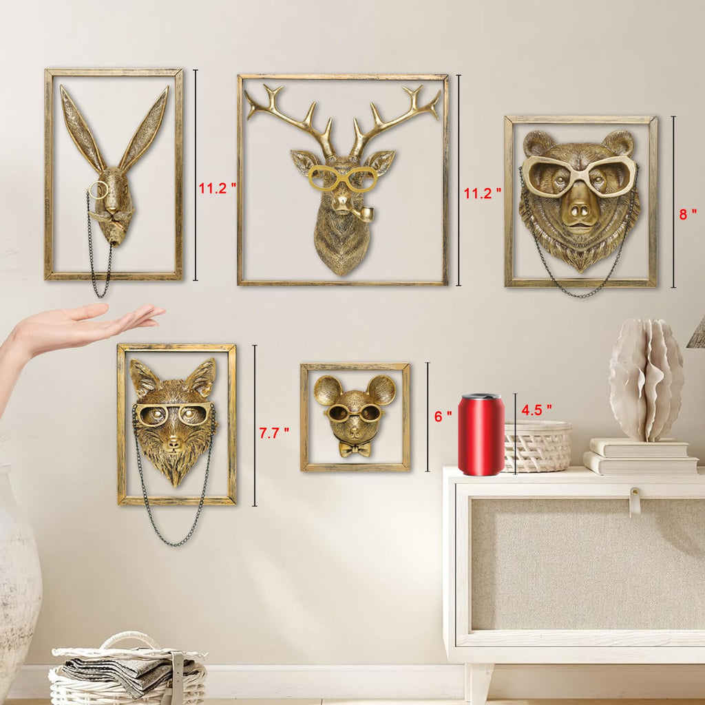 Animal Heads Wall Decoration (Gift Metal Frame) Resin Animals Sculptures Head Wall Hanging Decor Gold vintage Wall