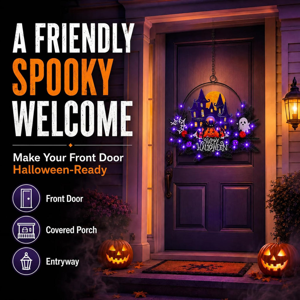 Halloween Decorations Fall Lit Ghost Wreath Twinkling Pumpkins for Front Door Light Up Haunted House Wreath with Bats - Set of 30