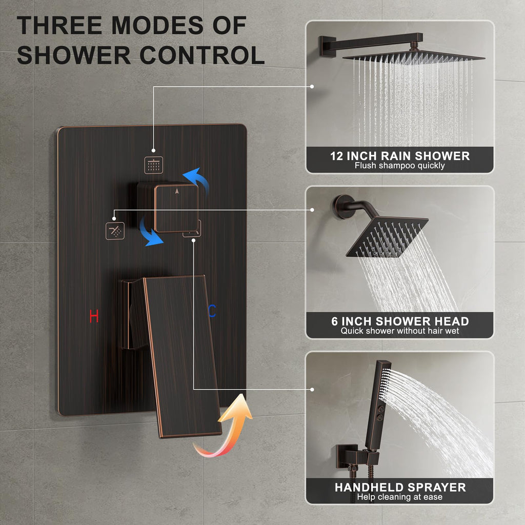 Rain Shower System 12"&6" Shower Heads Wall Mount Shower Faucet Set