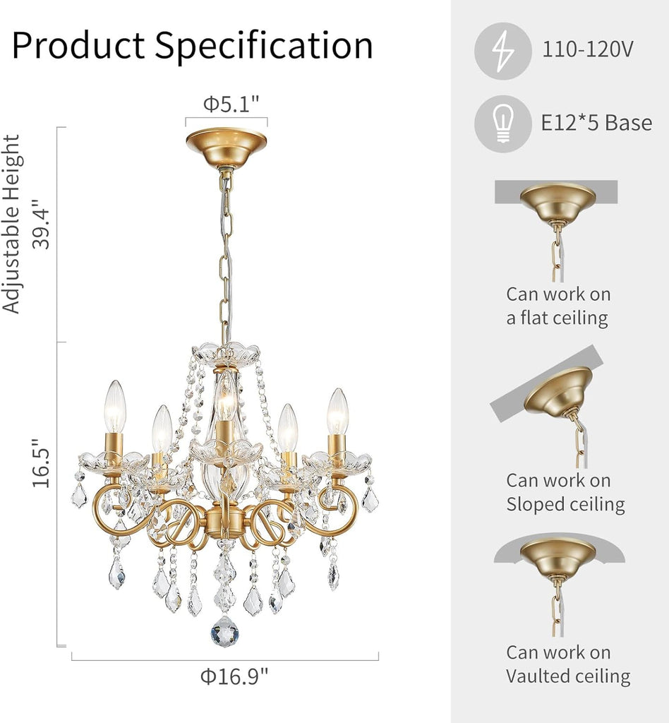 Mini Crystal Chandelier K9 Crystal Lighting Chandelier for Living Room 5 E12 Bulbs High 16.5 in x Diameter 16.9 in, Golden A110-B0BLL7LVKQ