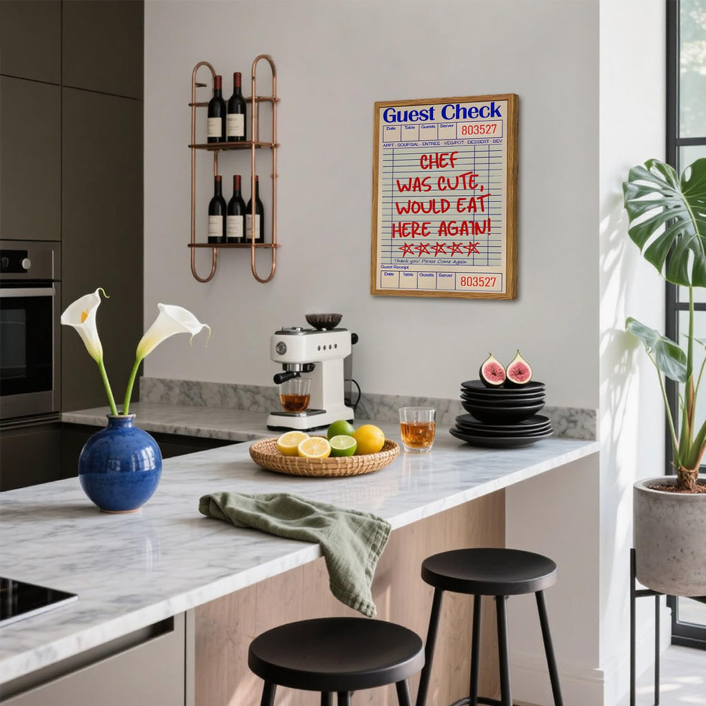 Framed Kitchen Wall Art, Retro Chef Was Cute Would Eat Here Again Pictures Wall Decor, Funky Guest Check Poster