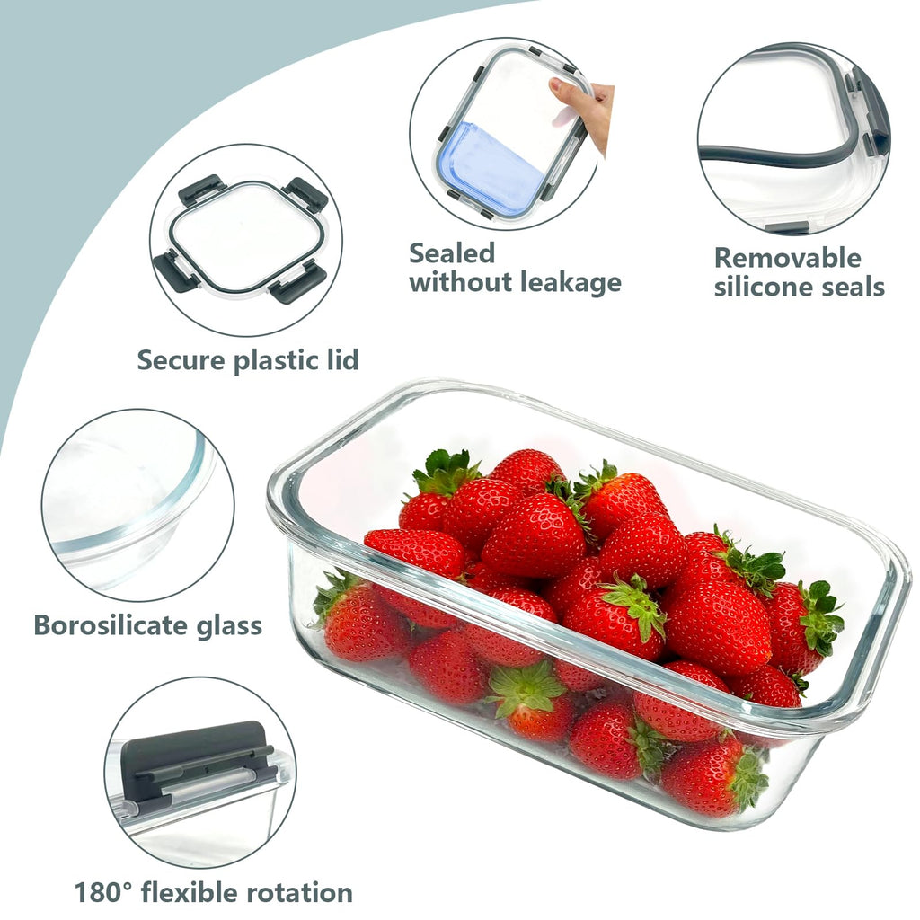 12 Pack Glass Food Storage Container Set with Lids Non Toxic, Stackable Borosilicate Glass Meal Prep Containers