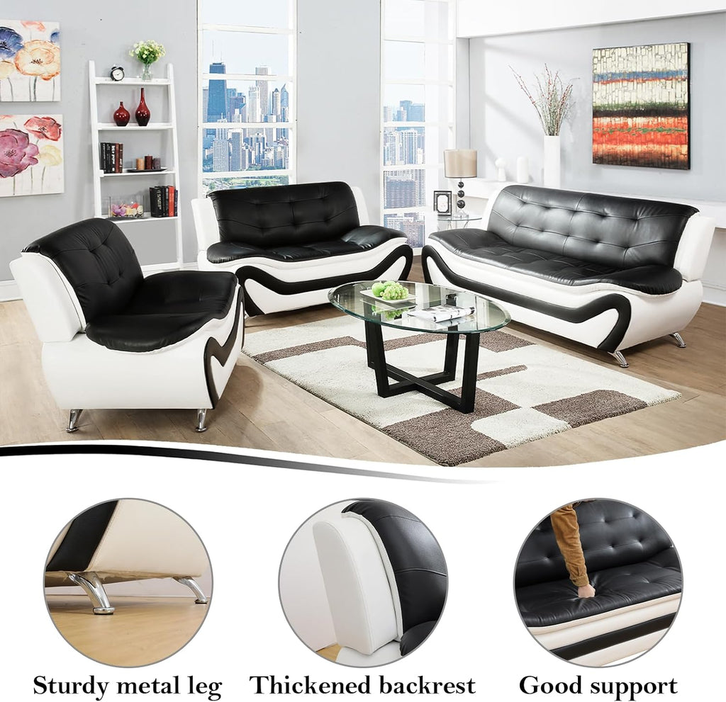 Living Room Furniture Set , Faux Leather Couch Sets, Modern Couch (3 Piece Set,Black&White)