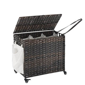 Hamper with Wheels, 34.3 Gallon(130L) Rolling Laundry Basket with Lid, 3-Section Rattan Clothes Hamper with 3