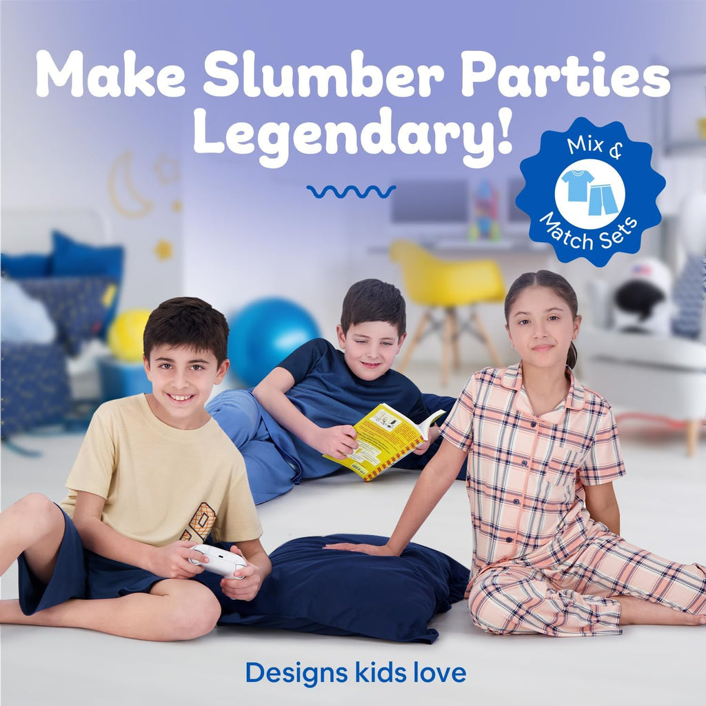 Boys Pajamas Set | Piece Pant, Shirt, Shorts Sleepwear Pjs for Kids | Loose Fit, Soft, Breathable Blue Plaid