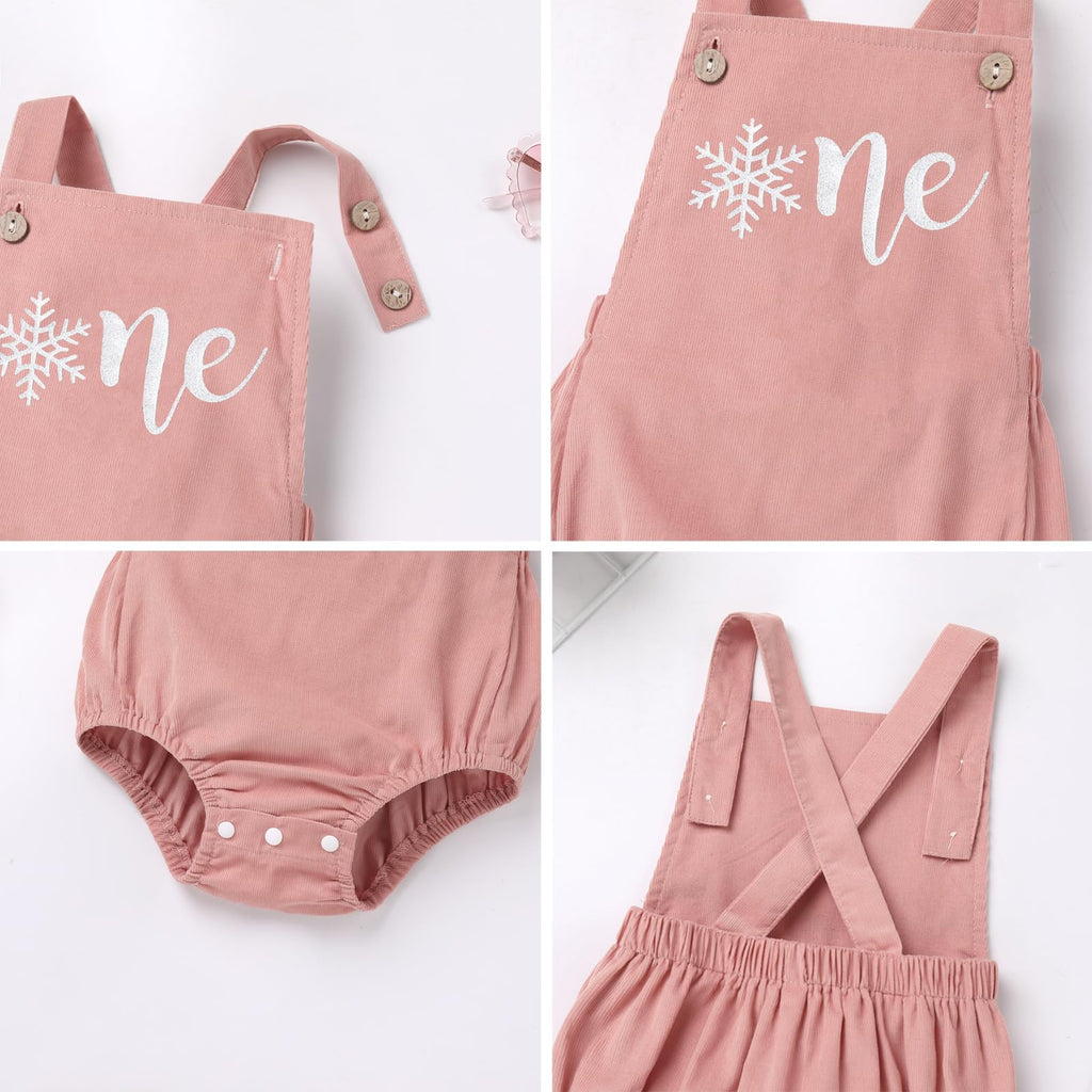 Winter Onederland 1st Birthday Girl Outfit: Cake Smash Baby Boho Bubble Romper Corduroy Overalls Silver Snowflake One