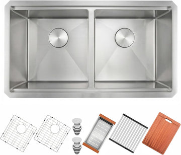 32''x18'' Double Bowl Undermount Kitchen Sink, T304 Stainless Steel 50/50 Workstation Sink with 10'' Deep Basins &