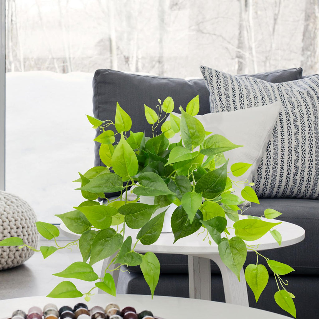 Artificial Plants Fake Pothos in White Pot, Realistic Fake Scindapsus Aureus, Faux Potted Greenery Desk Shelf