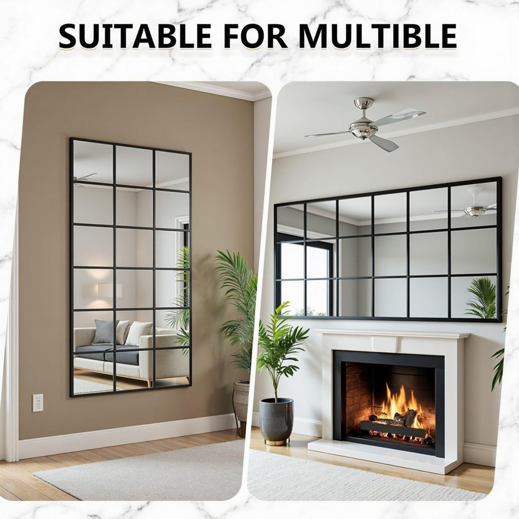 Windowpane Full Length Mirror, 65"x 24" Floor Standing Mirror, Black