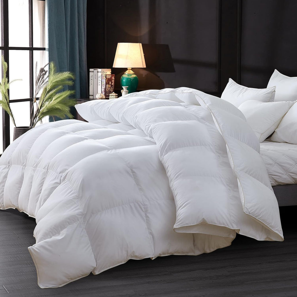 Luxurious Goose Down Feather Fiber Comforter Duvet Insert, Plain Solid Design, White 98 x 98, Premium Baffle Box 100%