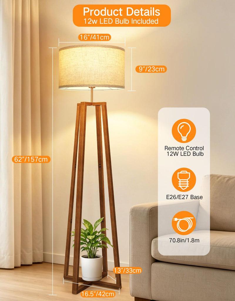 62" Mid Century Modern Vintage Lamps with Remote Control, Dimmable Wood Floor Lamp, 4 Color Temperature, LED Modern