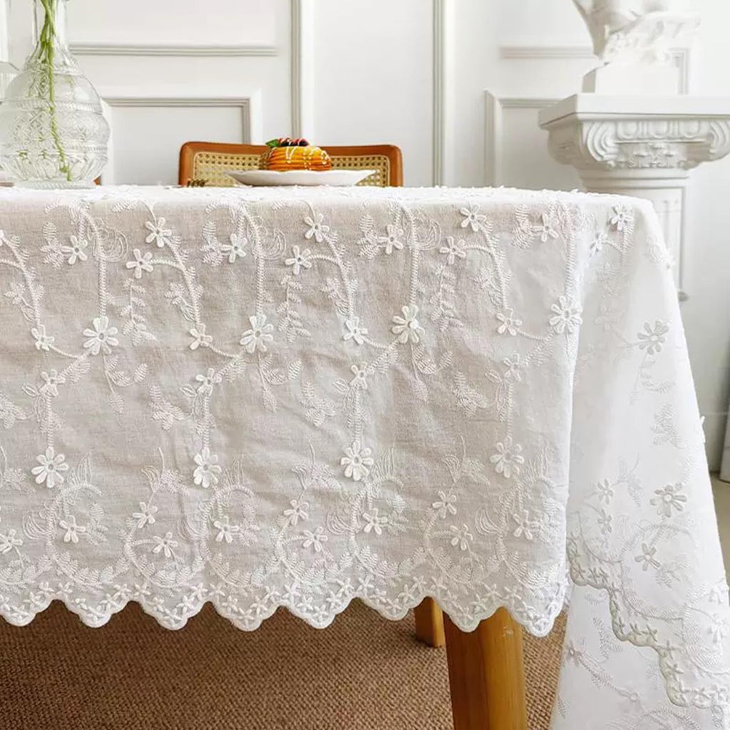 Beige Floral Embroidered Lace Tablecloth, Elegant Scalloped Edge Design, Vintage Farmhouse Style, Pi