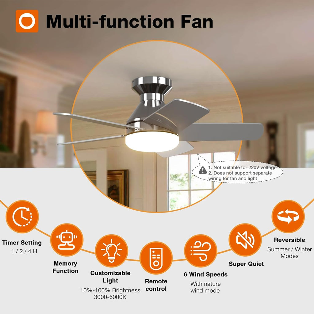 Ceiling Fans with Lights, 32 inch Low Profile Ceiling Fan with Light and Remote Control, Flush Mount, Reversible, 3CCT, Dimmable, Quiet, Nickel Small Ceiling Fan for Bedroom Indoor/Outdoor Use A103-B0CLNMG58R