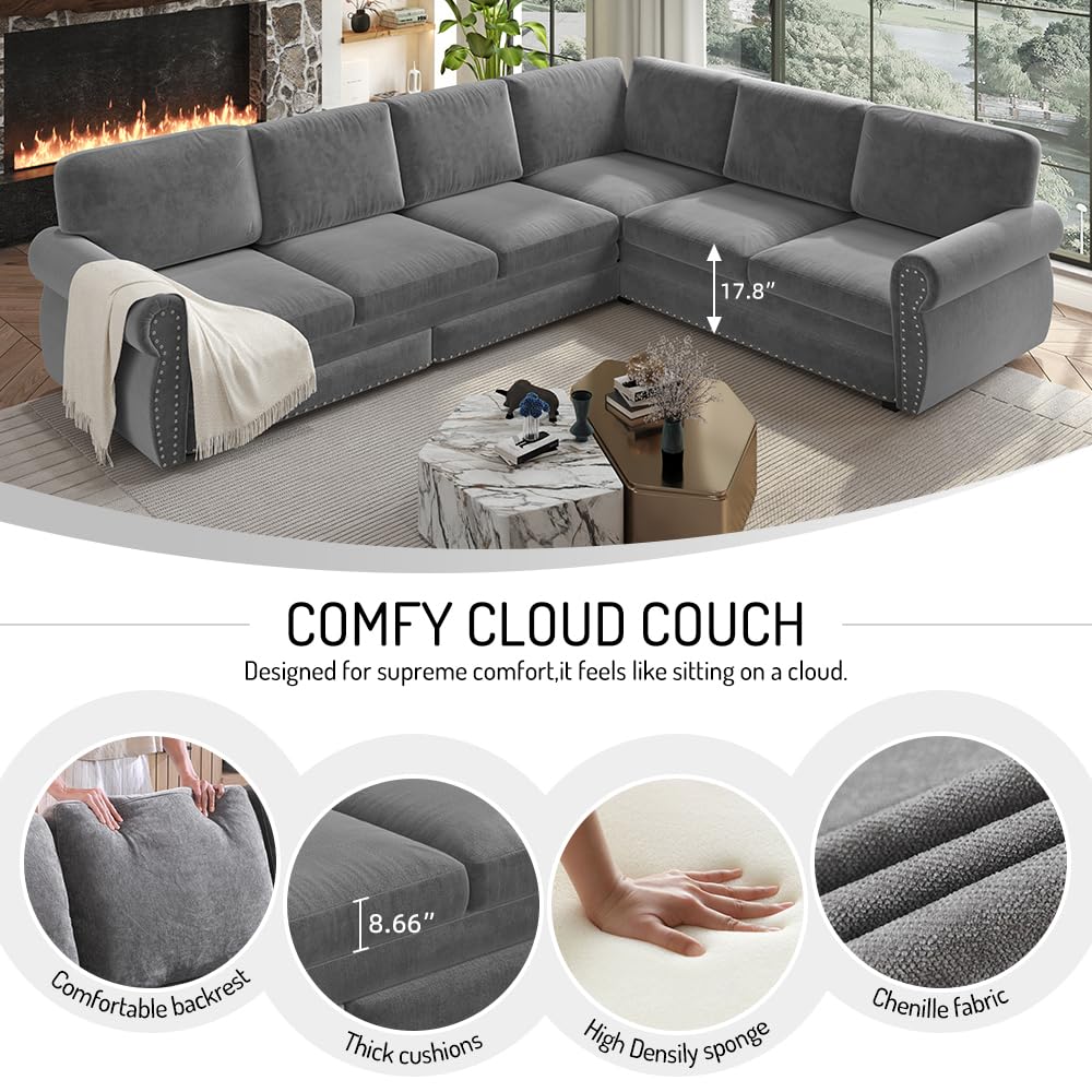 L-Shaped 6-Seat Sleeper Sectional Sofa Bed, Chenille Pull Out Couch