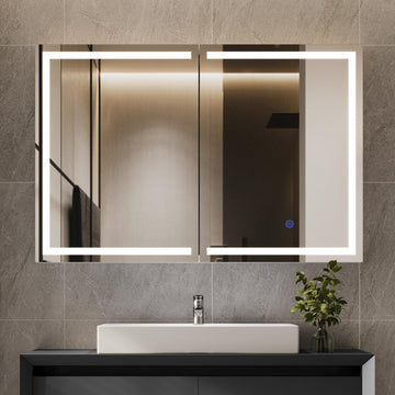 Lighted Medicine Cabinet with Mirror, Wall Mounted Bathroom Mirror with Storage, 2 Doors Bathroom Wall Cabinet with