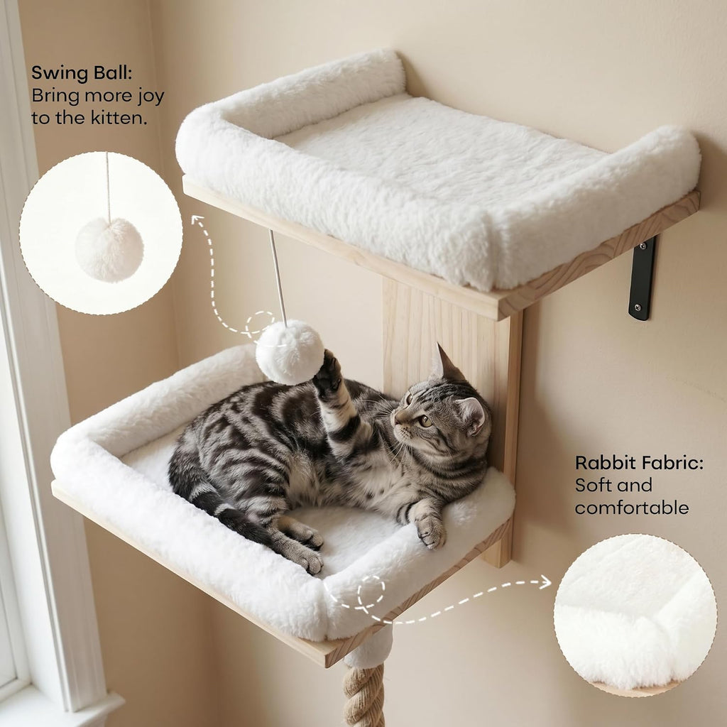 Cat Wall Shelves Set with 2 Washable Beds & 4.92FT Scratching Post