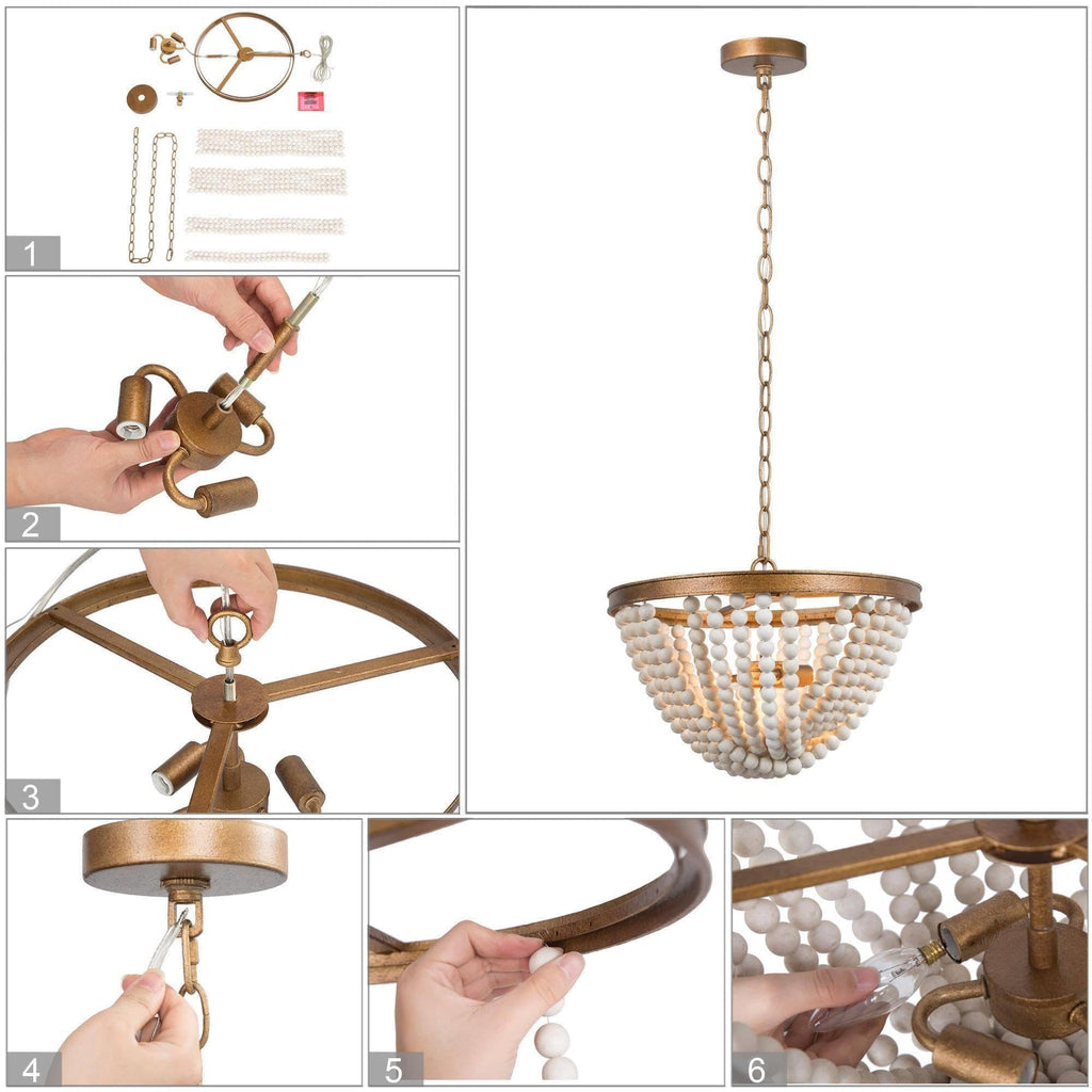 Wood Beaded Chandelier, 3-Light Boho Chandelier Light Fixtures Ceiling Lights with Antique Gold Finish
