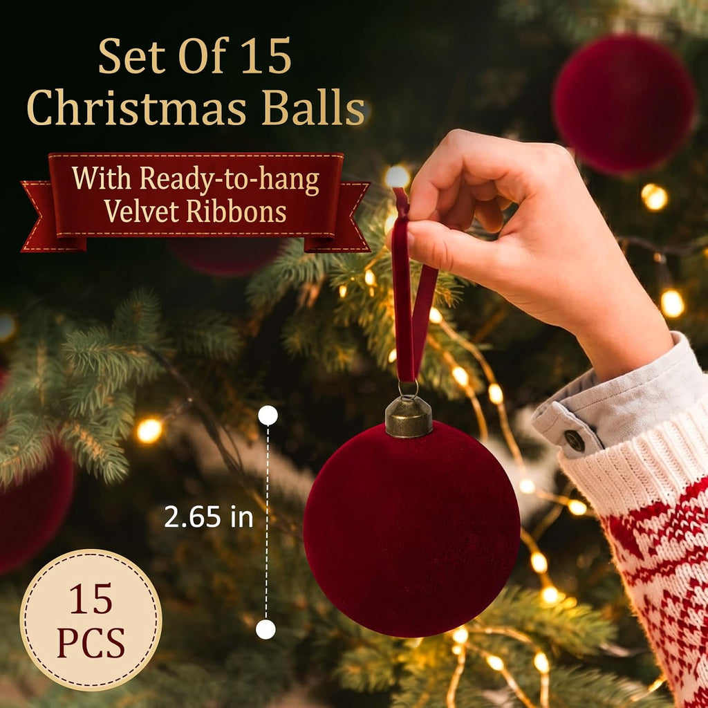 Red Velvet Christmas Decorations Balls, 2.65 Inch Christmas Ornaments Decor, Dark Red Flocked Ball for Family - Set of 15