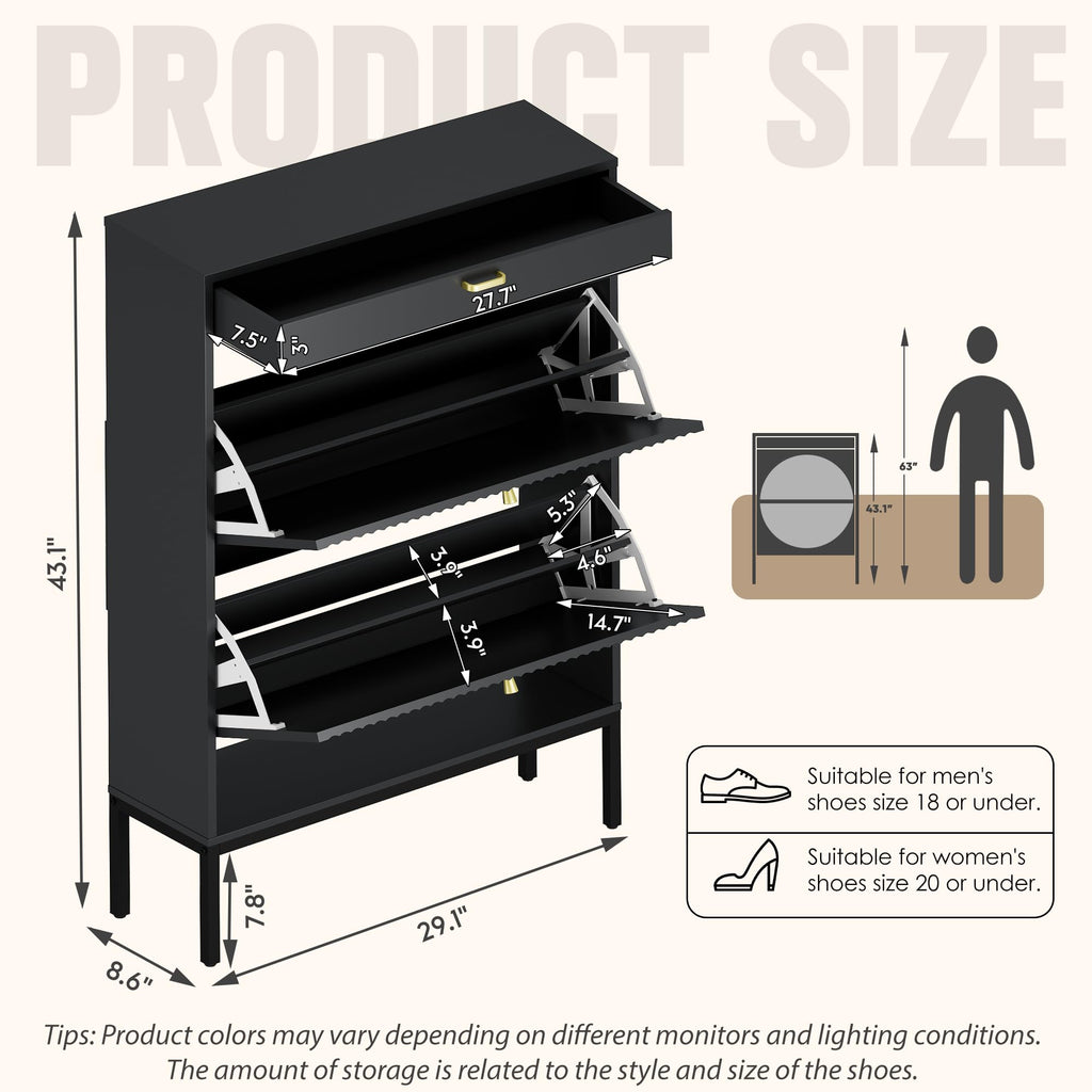 Shoe Rack Storage Organizer, Shoe Storage Cabinet with 2 Flip Drawers&1 Small Drawer, Slim Entryway Shoe Organizer