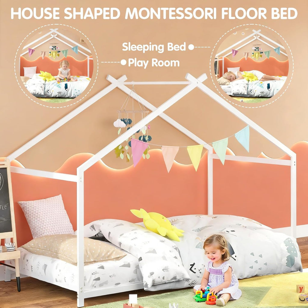 House Shape Twin Size Montessori House Bed Metal Floor Bed | Twin Bedframe for Kids No Box Spring Needed White