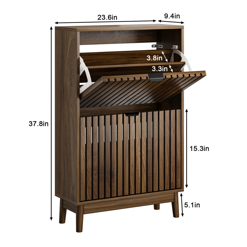 Shoe Cabinet, Shoe Storage Cabinet with 2 Slatted Flip Drawers, Narrow Shoe Organizers, Foyer, Hallway