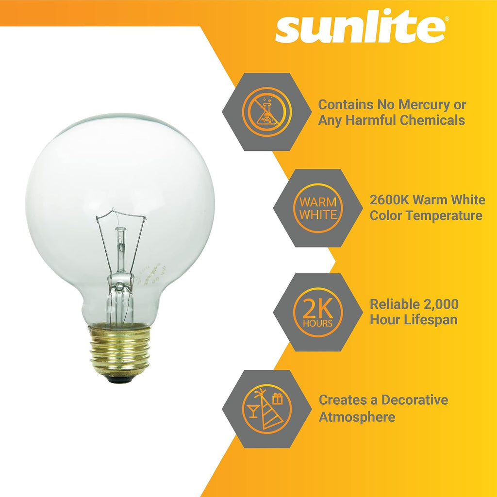 G25 Globe Incandescent Light Bulbs, 25 Watts, Medium Base (E26), 120 Volt, Clear, Dimmable, Title 20 Approved, 2600K
