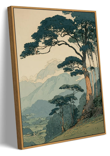 Framed Vintage Japanese Wall Art, Pine Tree Forest Canvas Print 12x16 Inch