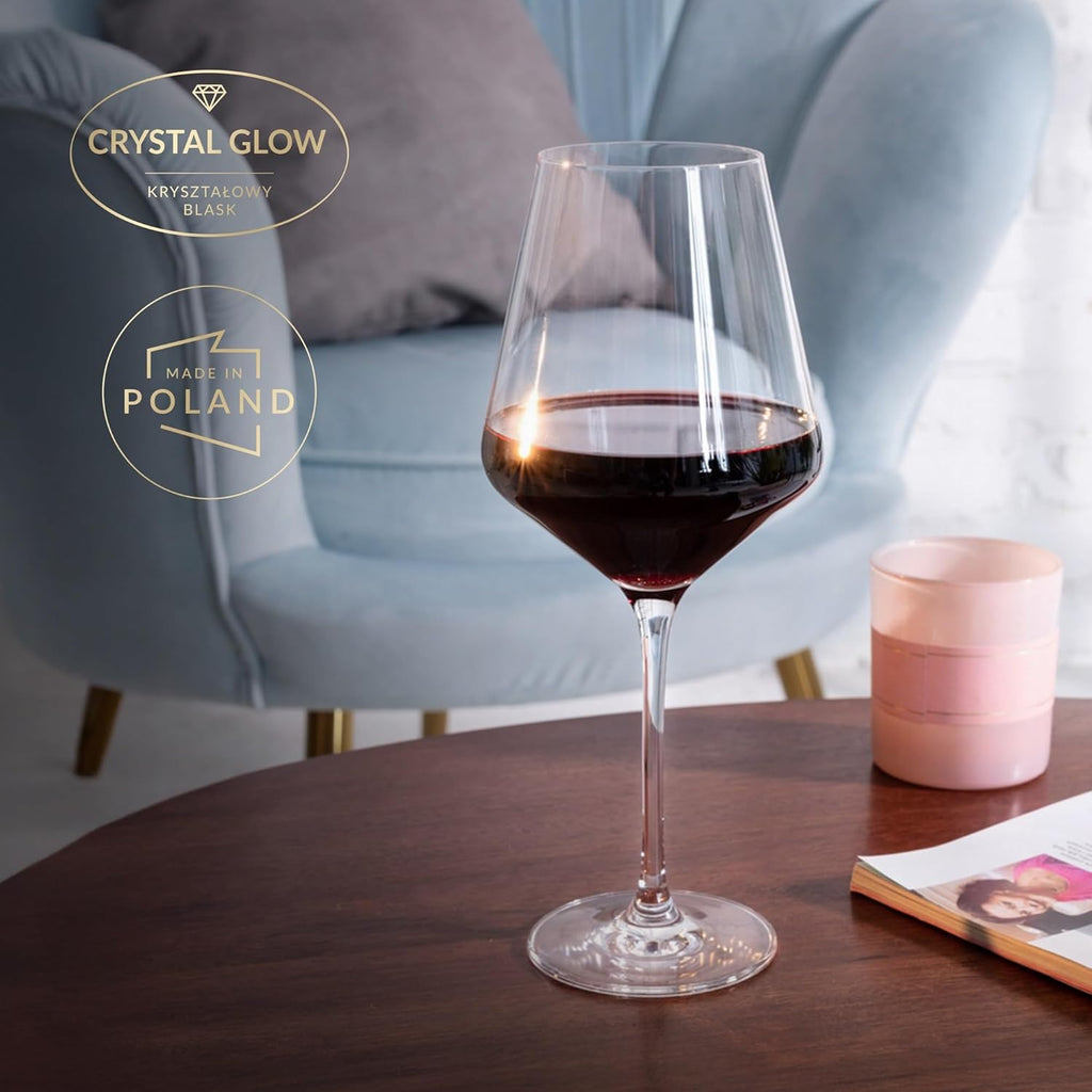 Classic Red Wine Glasses Set of 6 pieces, 16.6 oz, Avant-Garde Collection, Crystal Glass Thin Rim Long Stem Unique