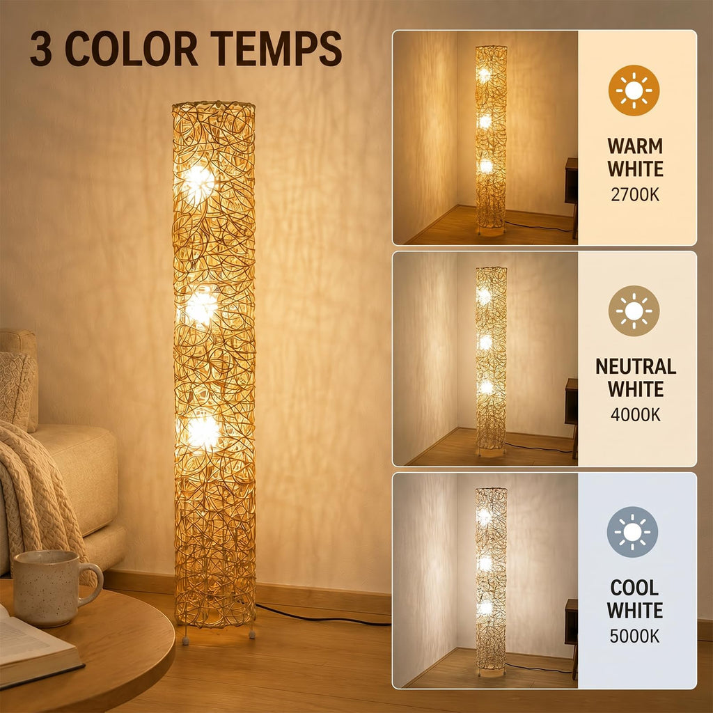 43in Boho Rattan Floor Lamp with 3 E26 LED Bulbs&3 Color Temperatures